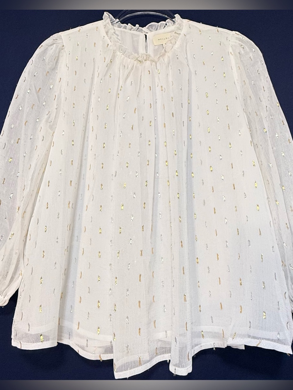 Melloday Boho Romantic Gold & Silver Flecked Balloon Sleeved Blouse Size Small - Picture 2 of 9